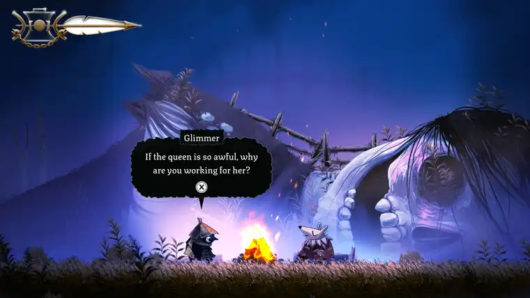 Glimmer talking with a hooded character by a campfire